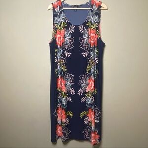 MSK Sleeveless Dress 1X (Tag States 3X) Navy Blue Orange Floral Tropical Read